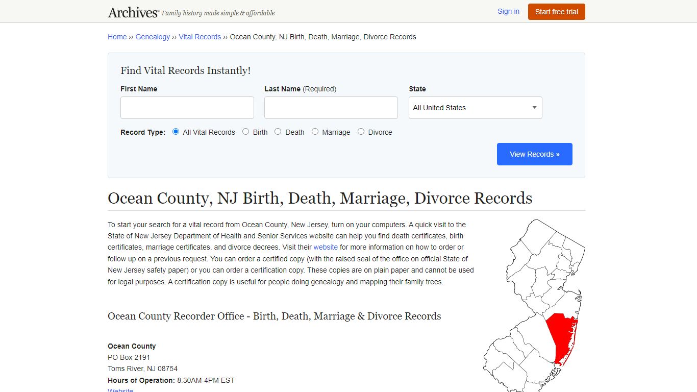 Ocean County, NJ Birth, Death, Marriage, Divorce Records - Archives.com